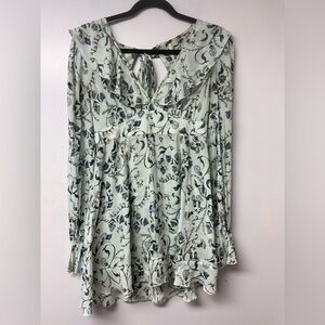 Free People Floral Mini Dress XS Sage Green Ruffle V-Neck Tie Back Boho Resort